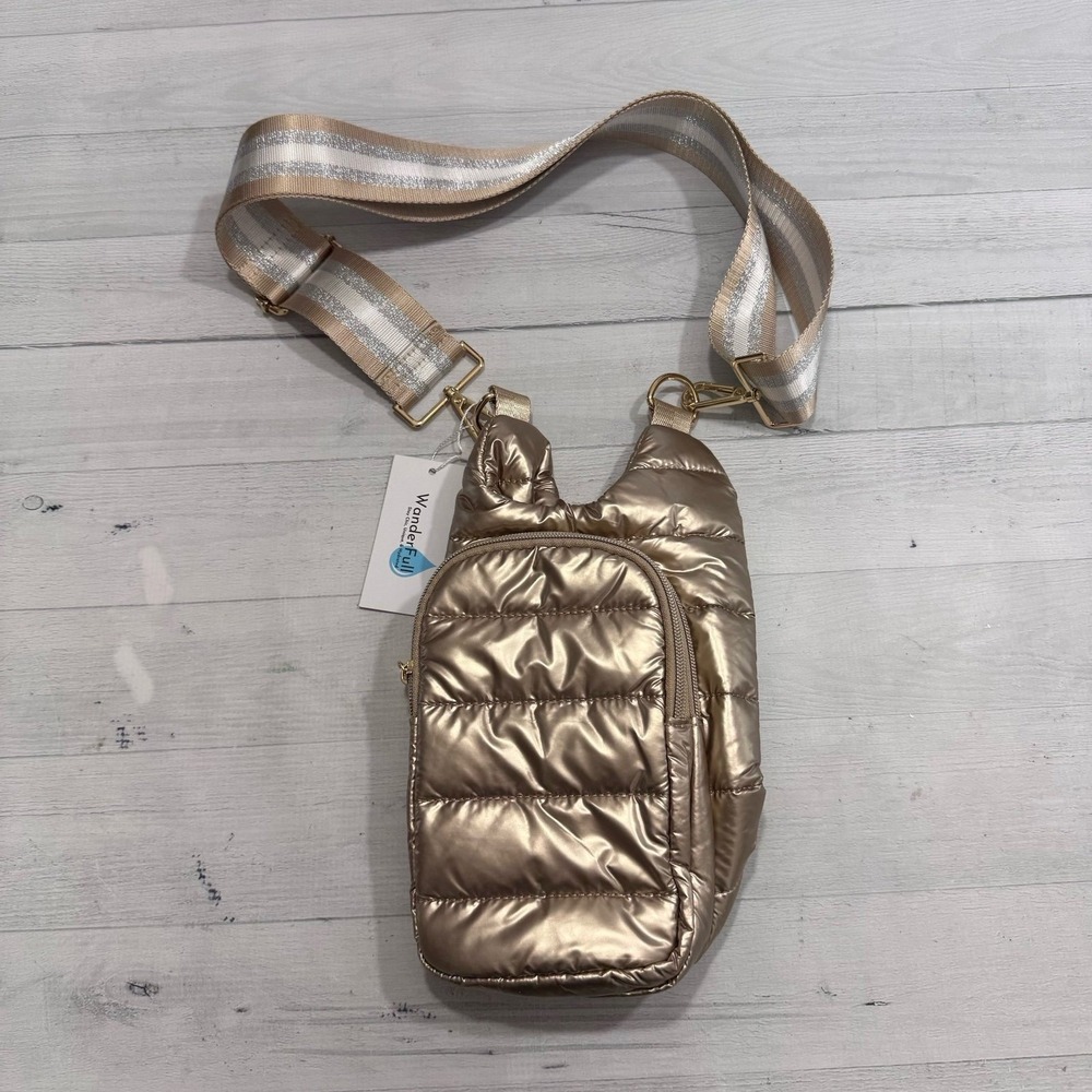 Wanderfull‎ Water Bottle Bag Gold Metallic & Striped Strap NEW